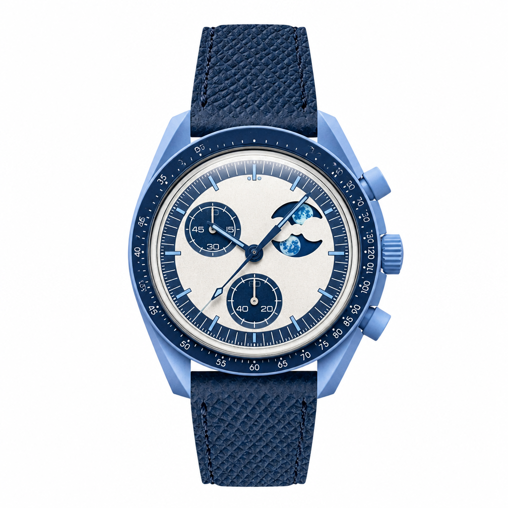 Chronograph wristwatch with blue and light blue dial moonphase and dark blue leather strap on white background
