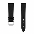 Black leather watch strap with silver buckle on white background