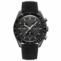 Chronograph watch with black dial and black suede leather strap on white background