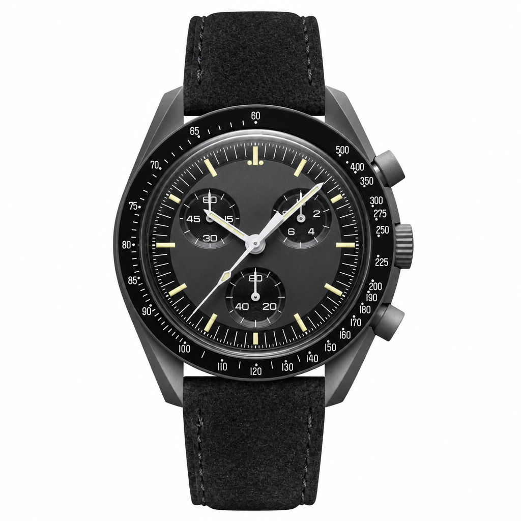 Chronograph watch with black dial and black suede leather strap on white background