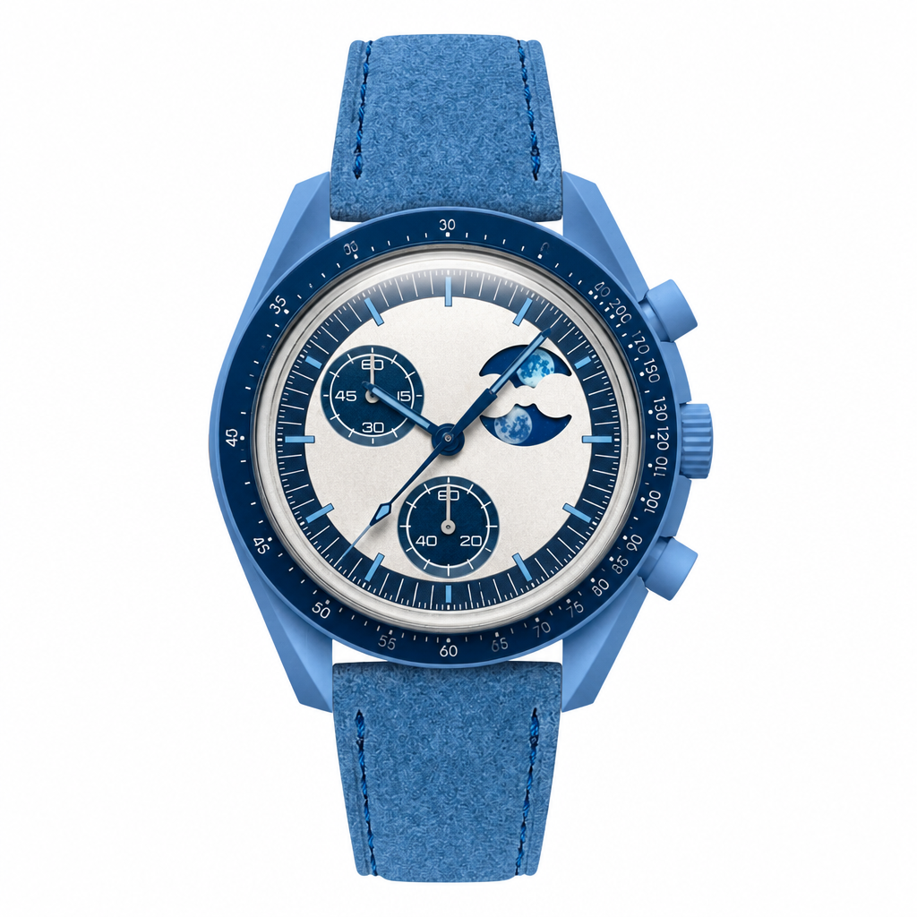 Small watch with ocean blue suede strap and silver-white dial featuring blue accents and moon phase indicator