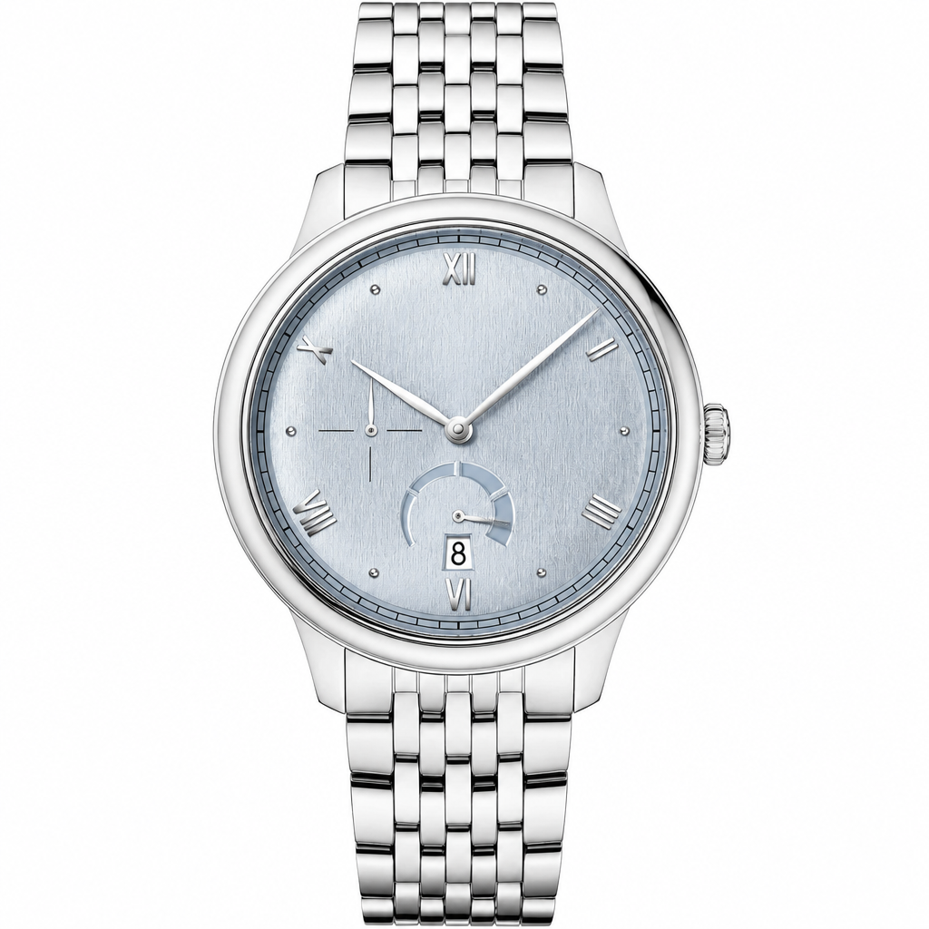 Classic dress watch with silver-tone metal case and bracelet, light silver-blue dial, Roman numerals, and date window