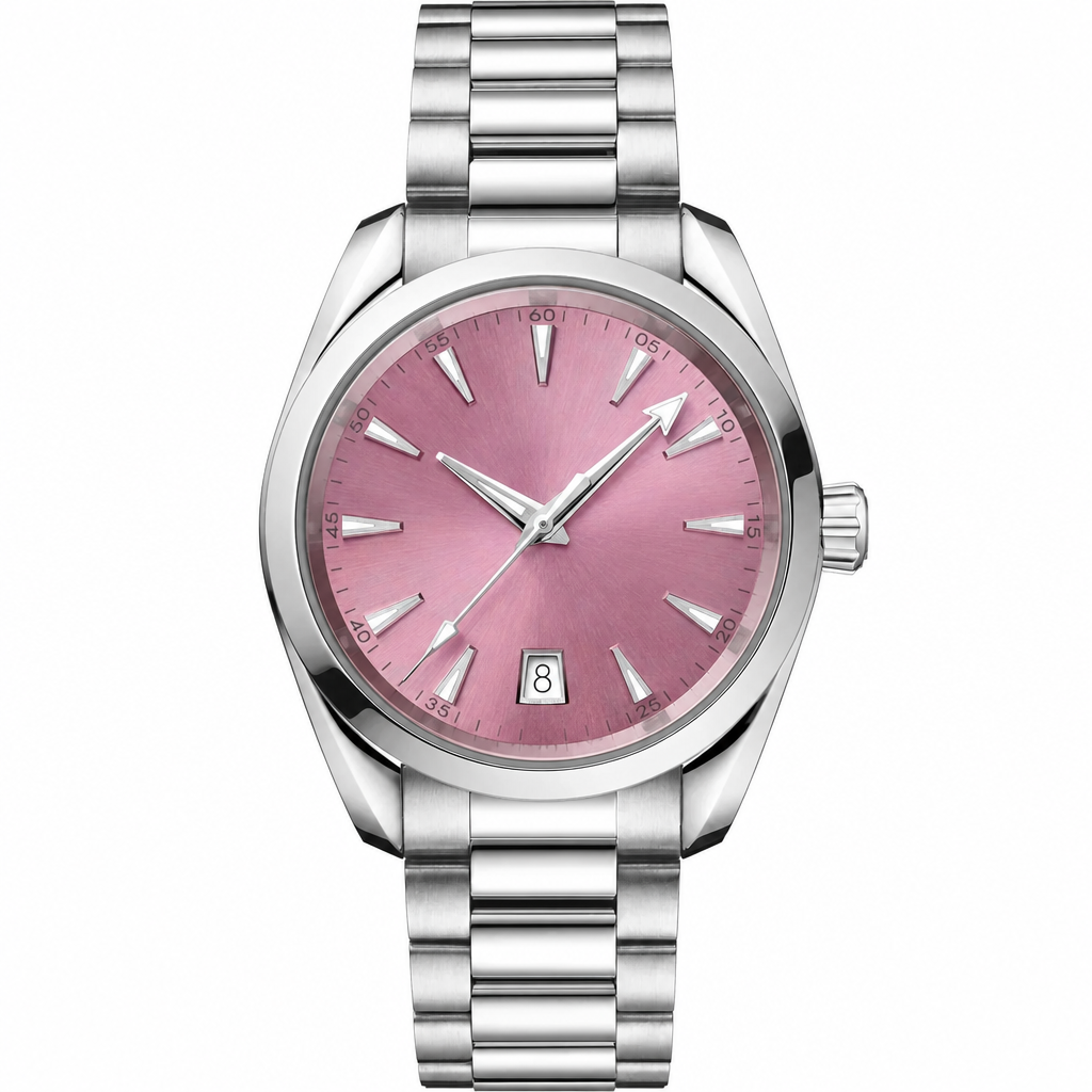 Dress Watch with pink dial and silver metal bracelet, 38mm size