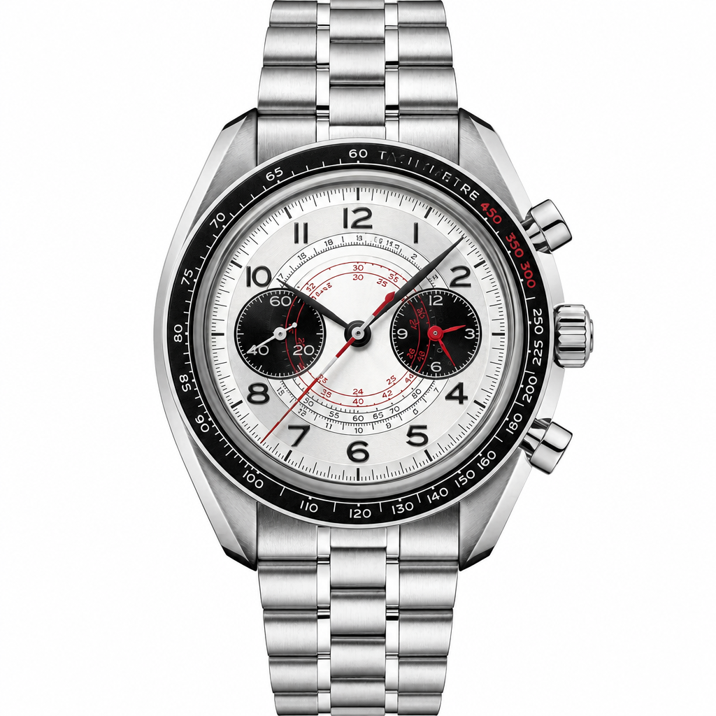 Chronograph watch silver stainless steel 43mm with white dial and black subdials