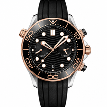 Relógio cronógrafo de mergulho com pulseira de borracha preta, 44 mm