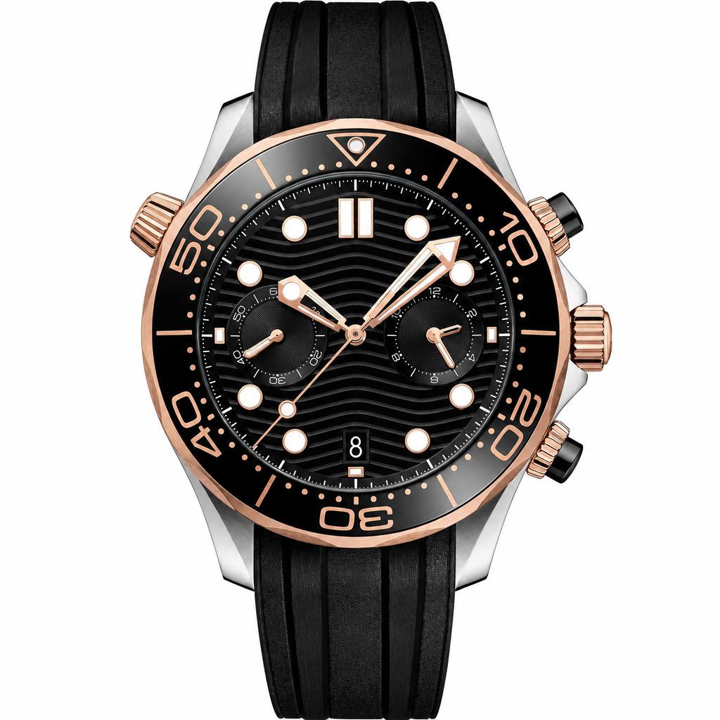 Diver chronograph watch with black dial, black rubber strap, and rose gold-tone case on white background