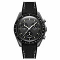 Sporty chronograph wristwatch with black dial and black fabric strap with white stitching