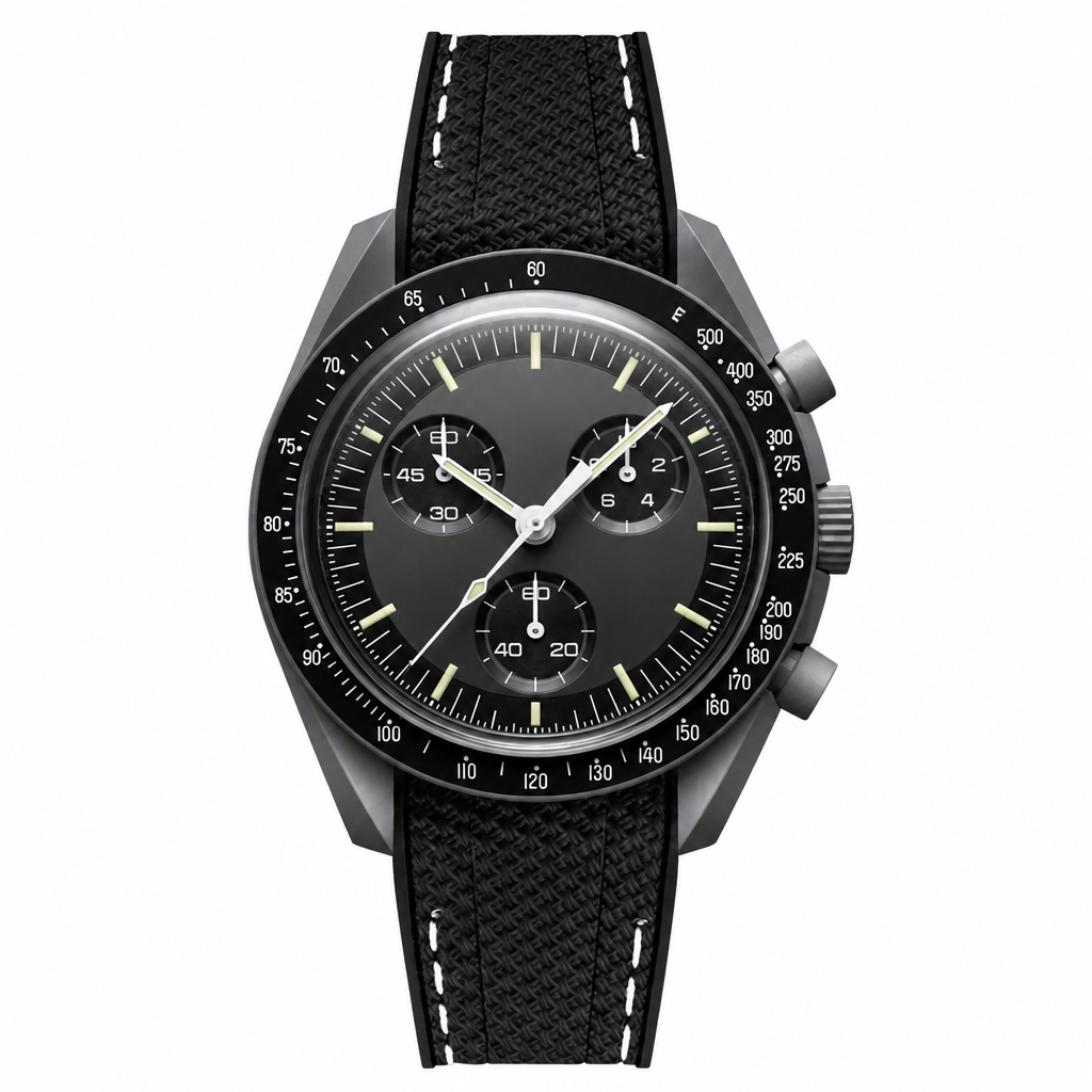 Sporty chronograph wristwatch with black dial and black fabric strap with white stitching