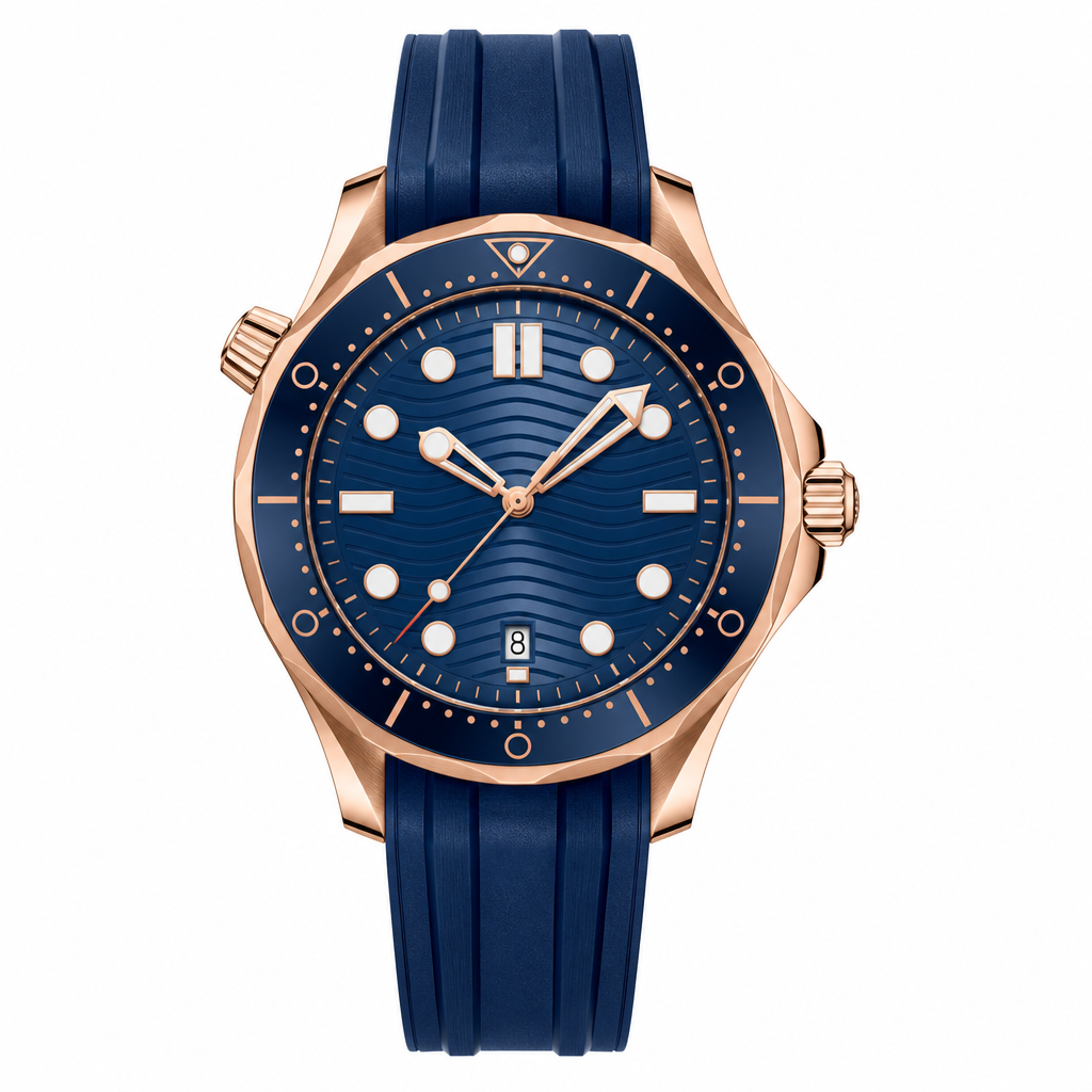 42mm diver watch with blue dial, rose gold-tone case, and blue rubber strap