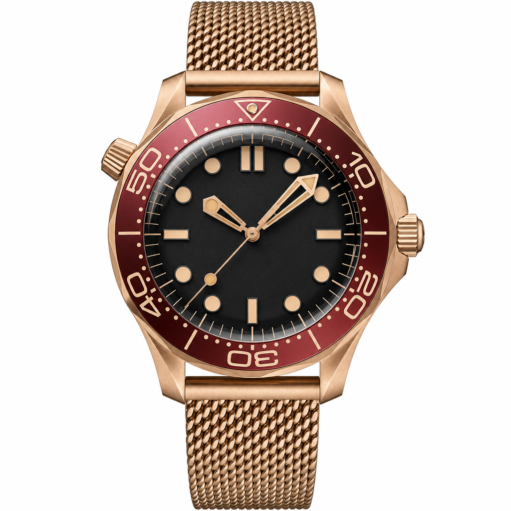 classic diver style watch with black dial, red bezel, and rose gold mesh strap 42mm product photo