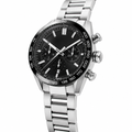 Sporty chronograph watch with black dial and silver metal strap