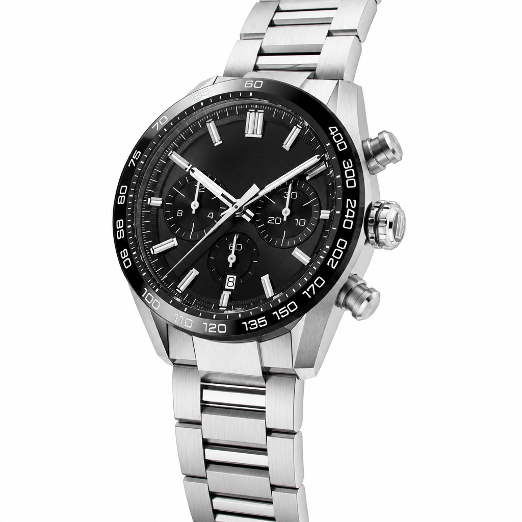 Sporty chronograph watch with black dial and silver metal strap