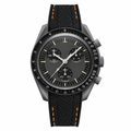 Sport chronograph watch with black dial and black strap accented with orange stitching