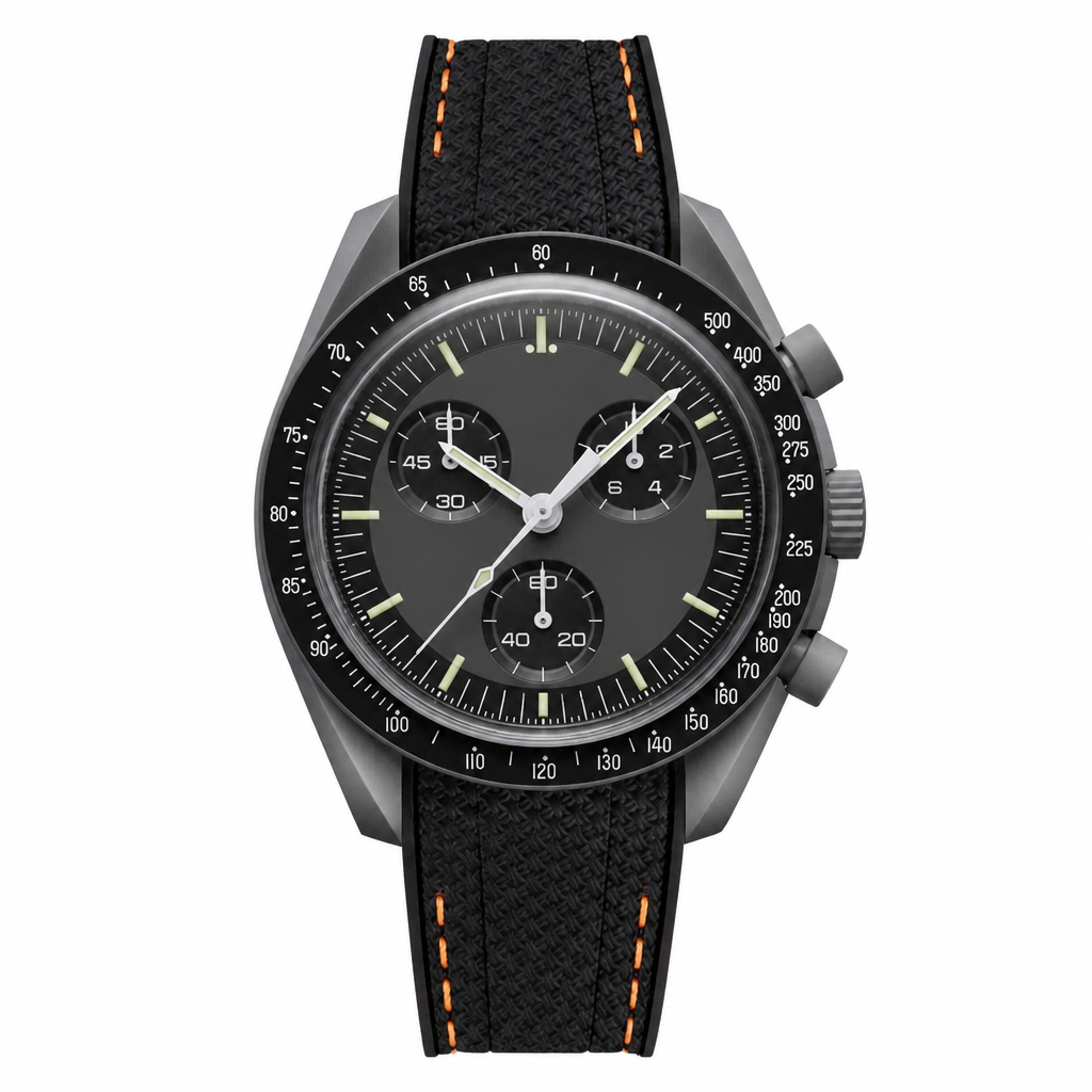 Sport chronograph watch with black dial and black strap accented with orange stitching