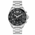 Sport chronograph watch with black dial and silver metal bracelet on white background