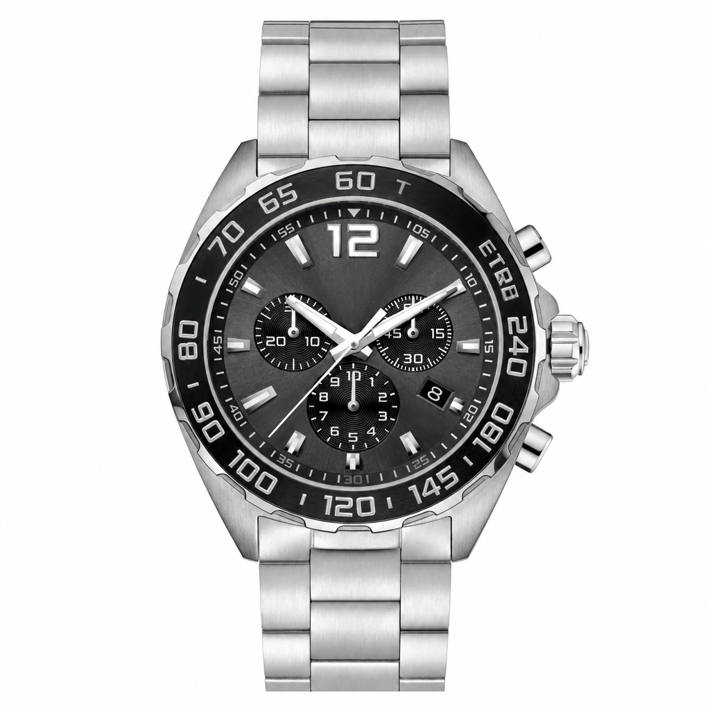 Sport chronograph watch with black dial and silver metal bracelet on white background