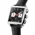 Chronograph watch with black dial and black leather strap