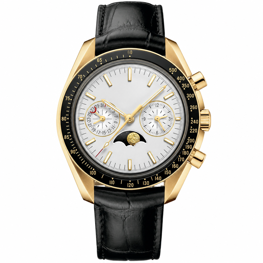 Classic watch with gold-tone case, white dial, and black leather strap