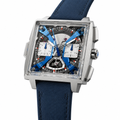 Square chronograph watch with silver case and blue fabric strap