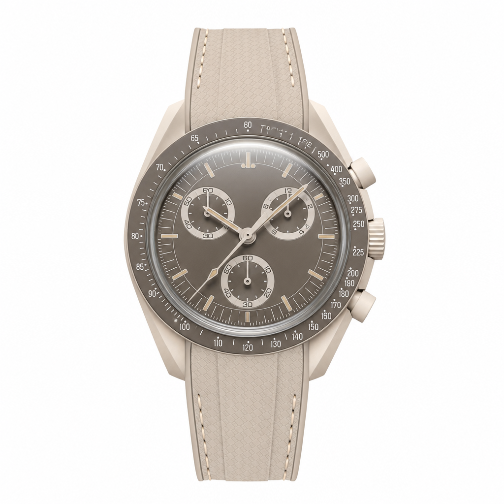 Beige chronograph watch with taupe dial and beige silicone strap on white background