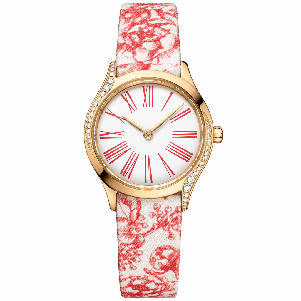Gold-tone dress watch with white dial featuring red Roman numerals and floral-patterned fabric strap