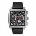 Sport chronograph watch with silver square case and black textured strap