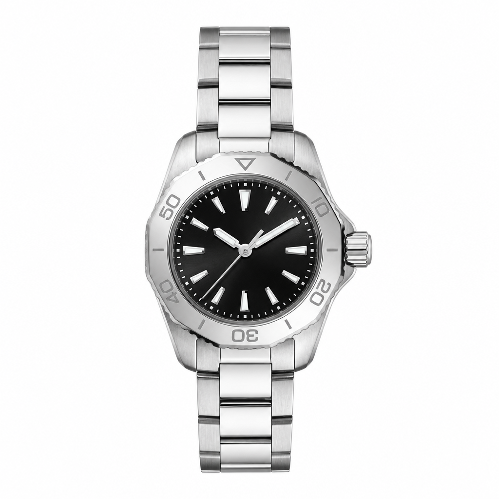 Sport watch with black dial and stainless steel bracelet on white background