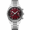 Chronograph watch with burgundy dial and silver metal strap