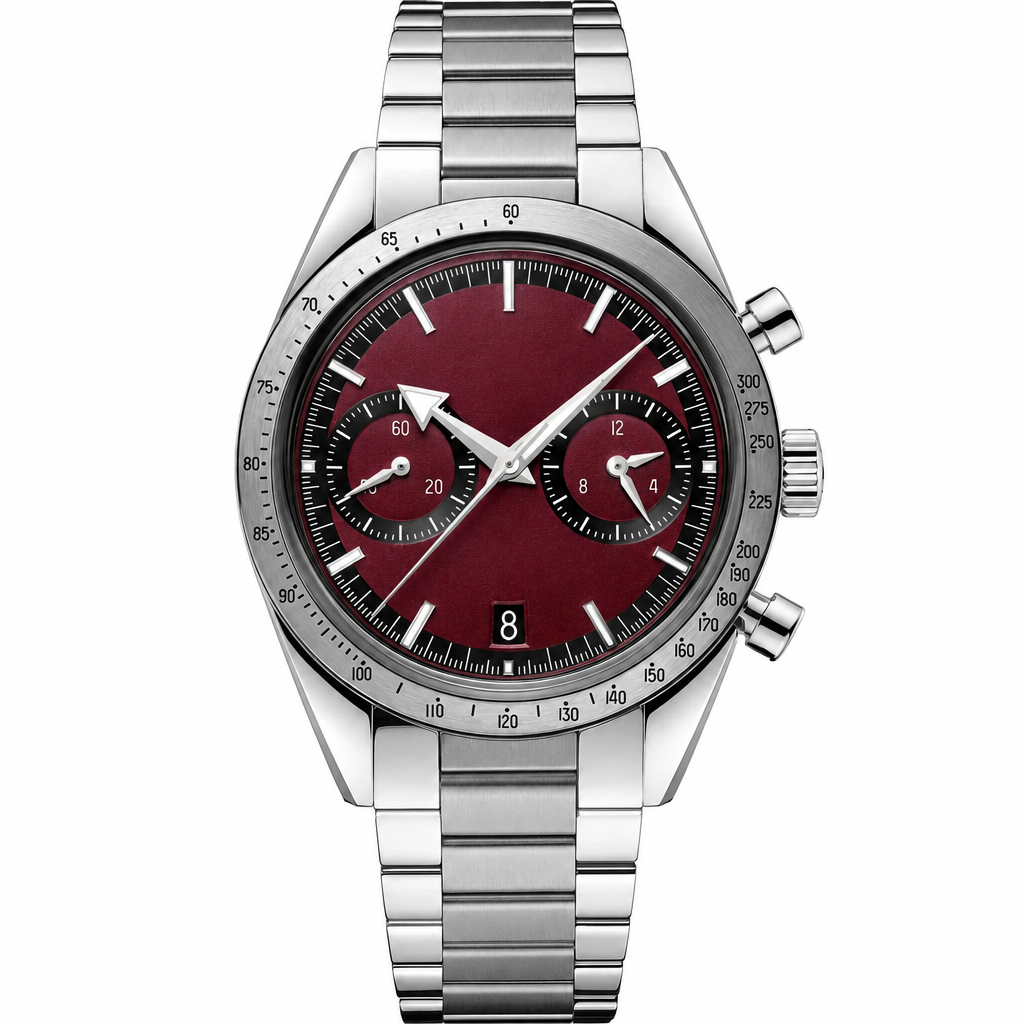 Chronograph watch with burgundy dial and silver metal strap