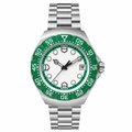 Stainless steel sport watch with white dial and green bezel on metal bracelet