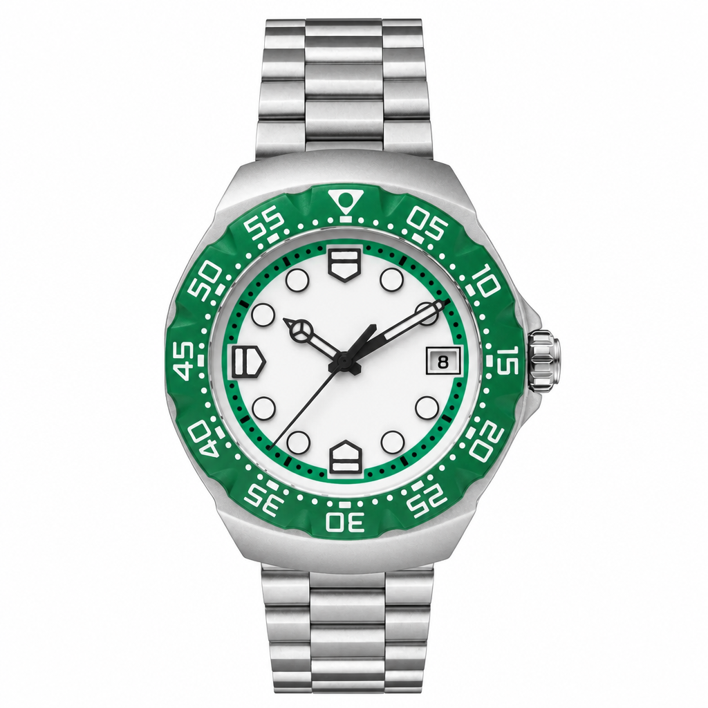 Stainless steel sport watch with white dial and green bezel on metal bracelet