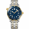 42mm two-tone metal dive watch with blue dial and date window.