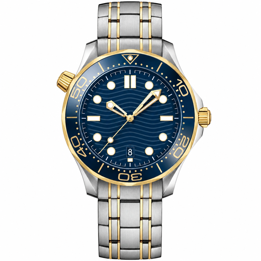 42mm two-tone metal dive watch with blue dial and date window.