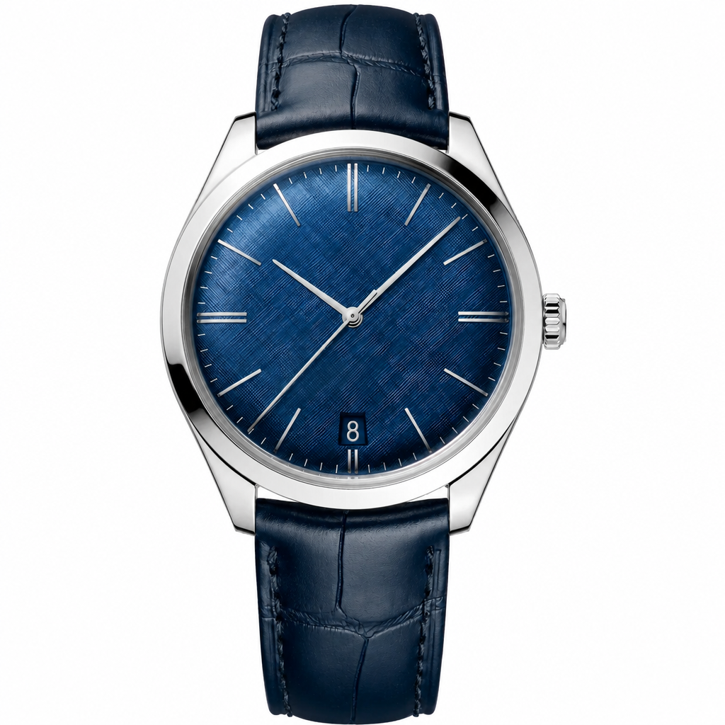 Dress watch with blue dial and blue leather strap, 40mm case size