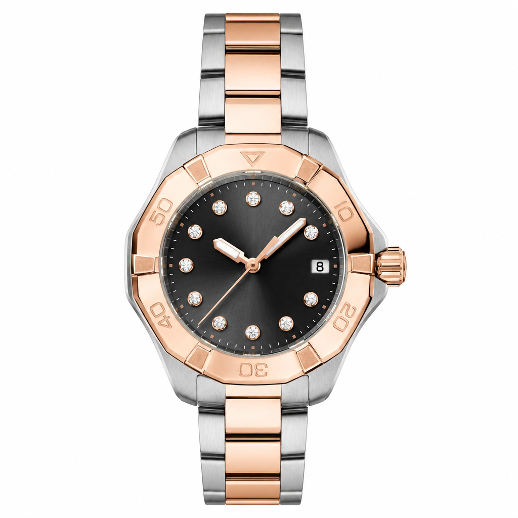 Two-tone rose gold and silver metal watch with black dial and diamond-style markers