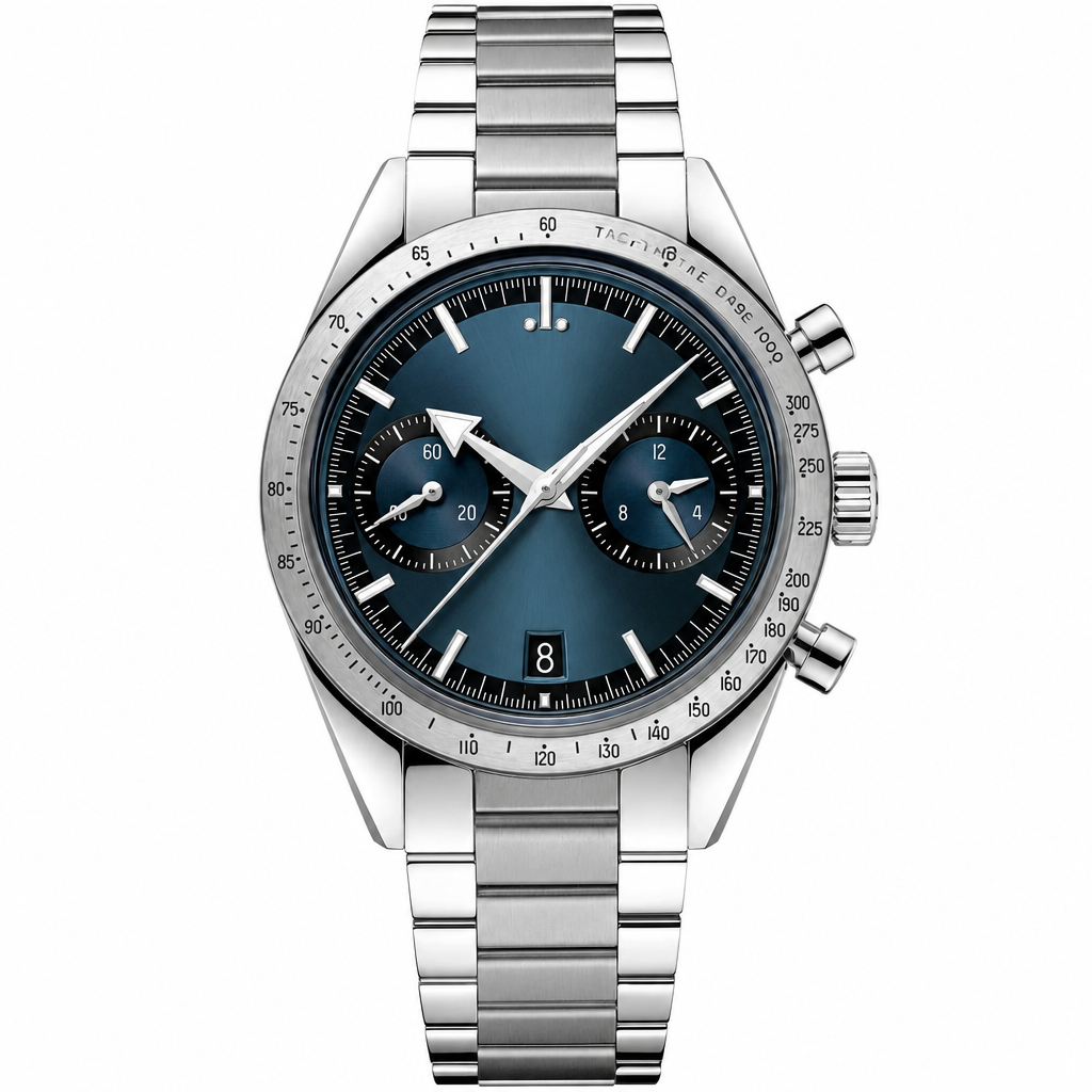 Chronograph sport watch with blue dial and stainless steel bracelet