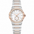 Women’s two-tone metal dress watch with diamond bezel and small seconds subdial, white mother-of-pearl dial