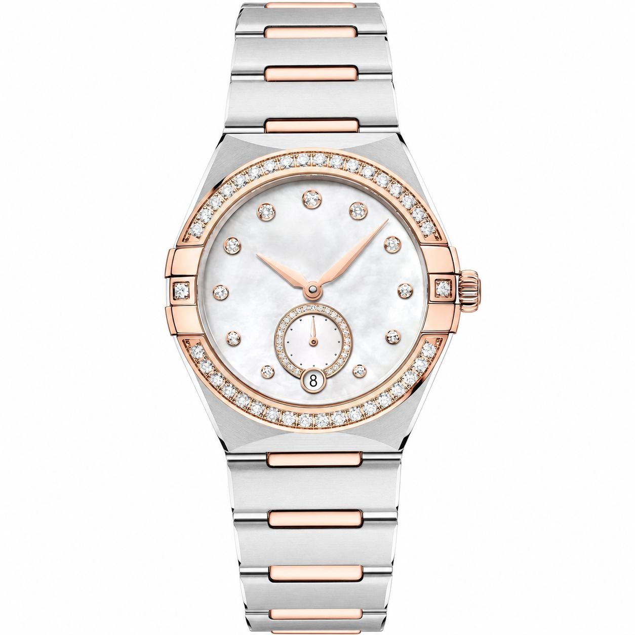 Women’s two-tone metal dress watch with diamond bezel and small seconds subdial, white mother-of-pearl dial