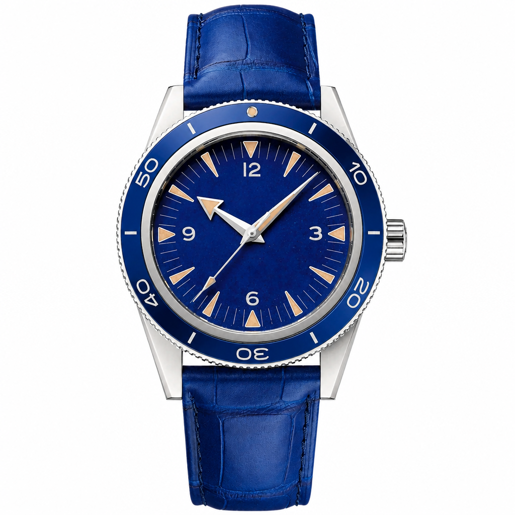 Blue dial watch with blue leather strap and silver case, 41mm size