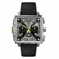 Square sports chronograph watch with black fabric strap and camo-pattern metal case