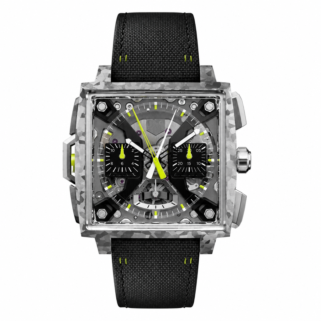 Square sports chronograph watch with black fabric strap and camo-pattern metal case