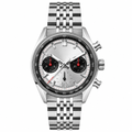 Chronograph watch with silver dial and metal bracelet on white background