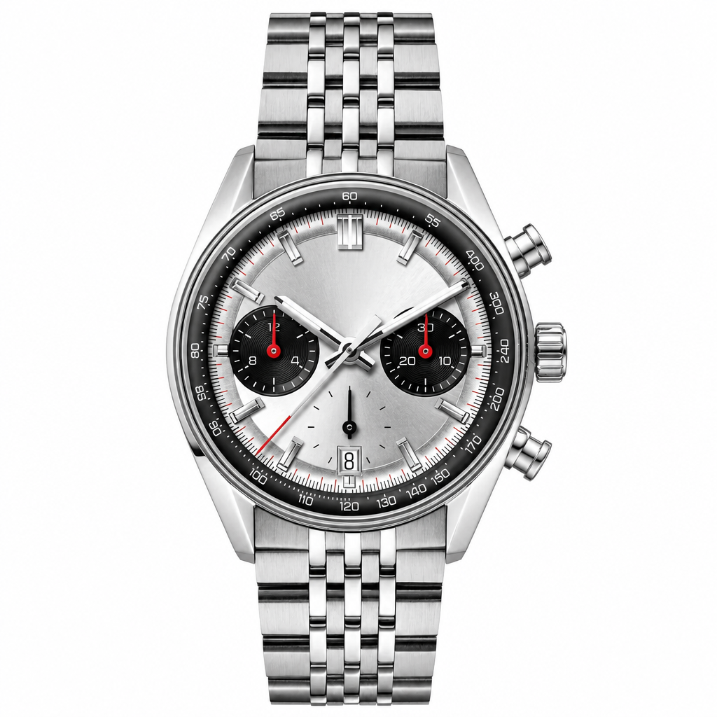 Chronograph watch with silver dial and metal bracelet on white background