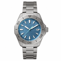 Casual metal watch with blue dial and silver bracelet on white background