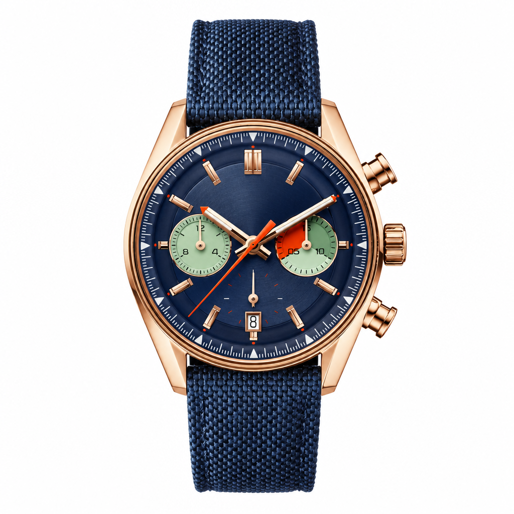 Blue dial sport chronograph watch with rose gold-tone case and blue fabric strap on white background
