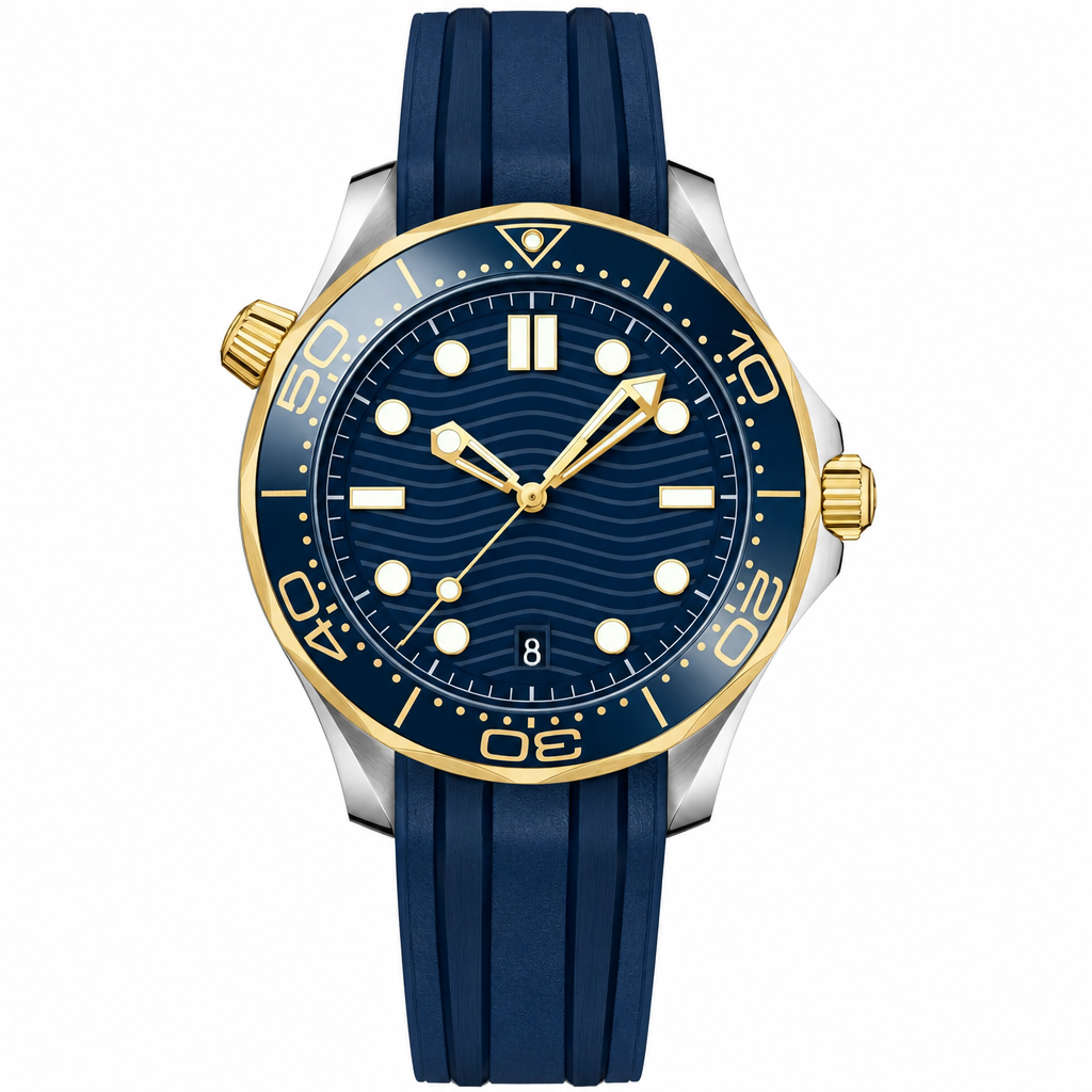 Blue dial diver watch with blue rubber strap and gold tone bezel, front view