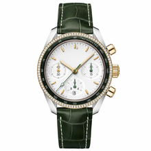 Relógio cronógrafo de 38 mm com mostrador branco e pulseira de couro verde