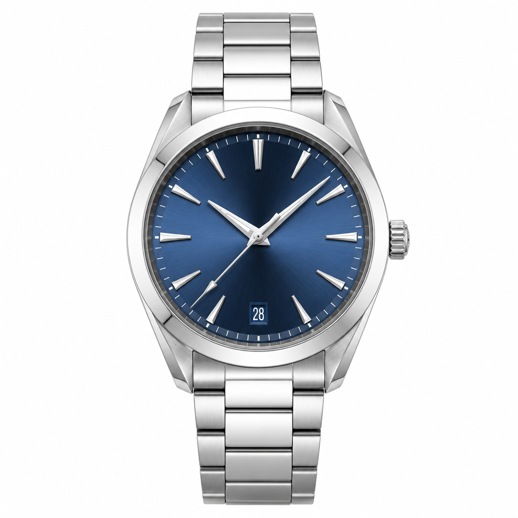 38mm classic stainless steel watch with blue dial and silver markers