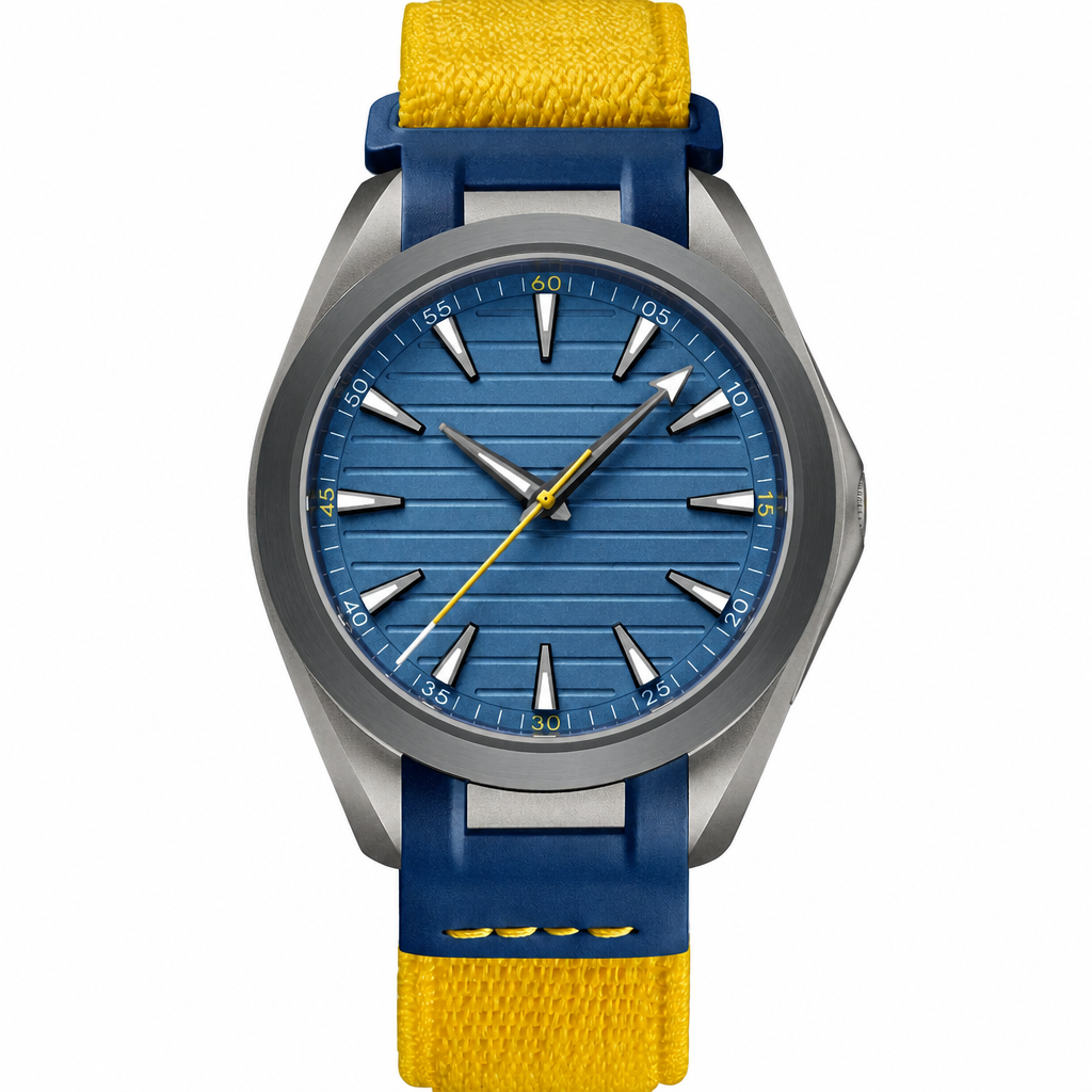 Casual watch with blue dial and yellow and blue fabric strap on white background