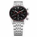 Chronograph watch with black dial and silver metal bracelet on white background